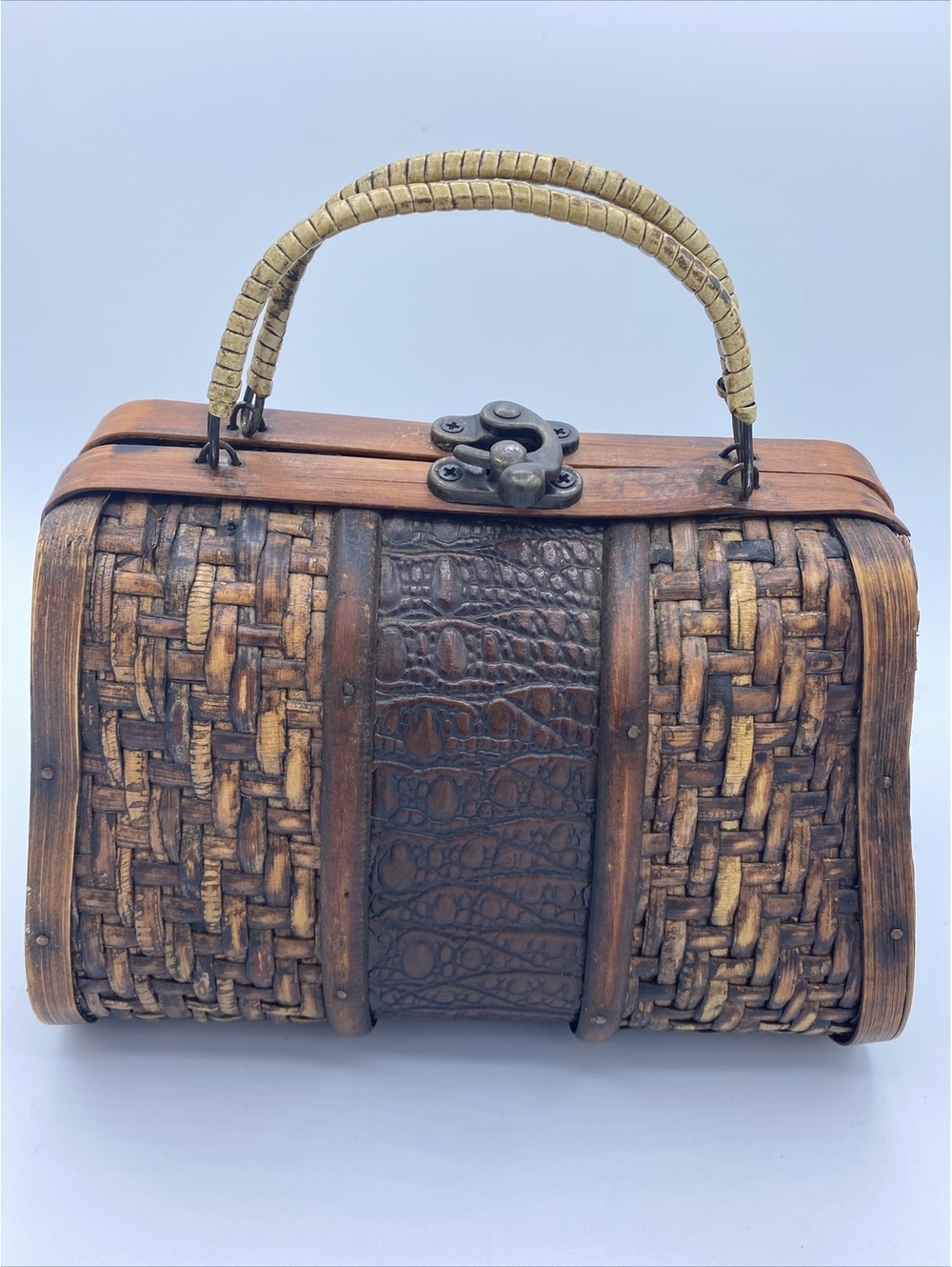 Wood and Woven Bamboo Purse with Faux Reptile Insert and and Brass Latch - Picture 1 of 13